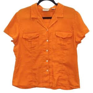 Ann Taylor 100% Linen Button Up Camp Shirt Bright Orange Size Large Resort